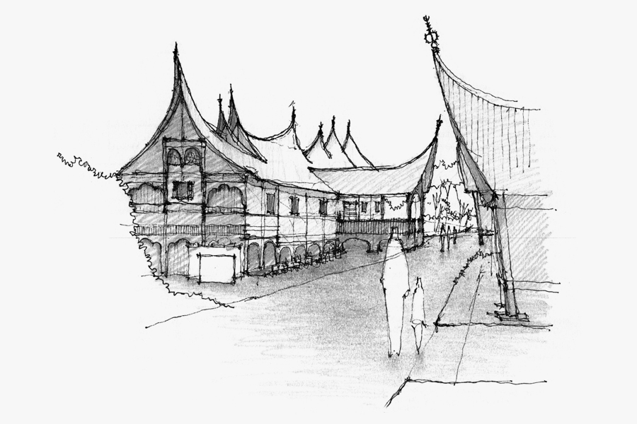 <p><span><span><span><span><span>Sketch of Rumah Gadang in Padang, Indonesia. Drawing Wilson Harkhono, 2018.</span></span></span></span></span></p>
